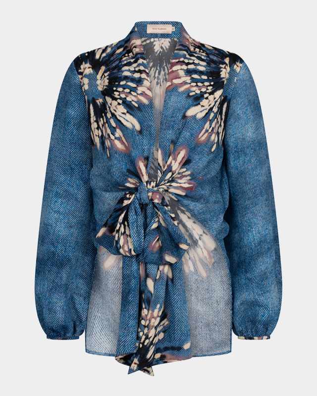 Honey Flower-Print Long-Sleeve Tie Blous
